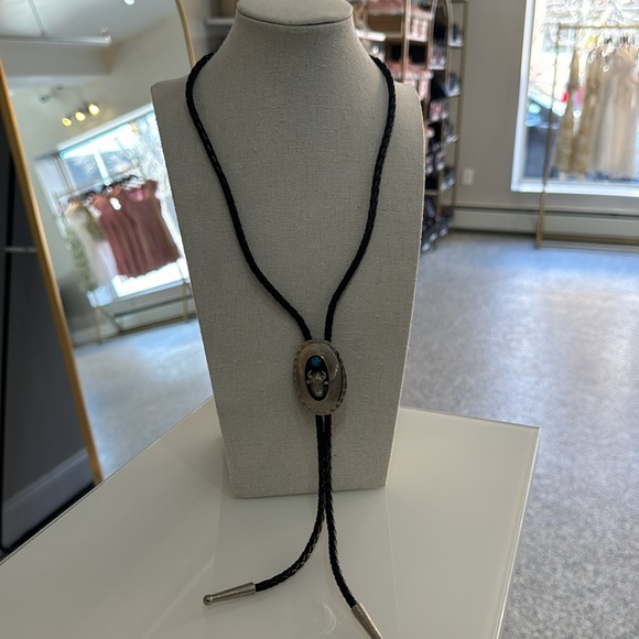 Black and Silver Bolo Tie with Turquoise Accent - Picture 7 of 7